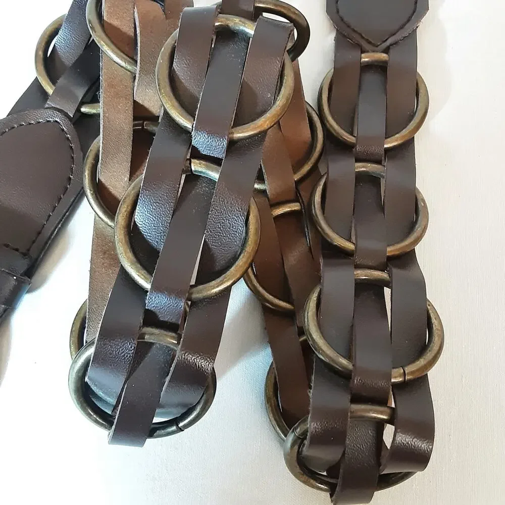 💎Unisex Dark Brown Faux Leather Belt L Antique Brass Rings Multi Strap Design
